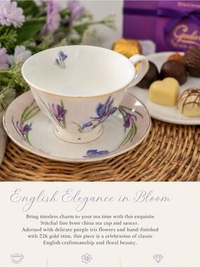 Fine Bone China Tea Cup & Saucer with Purple Iris and Gold Trim